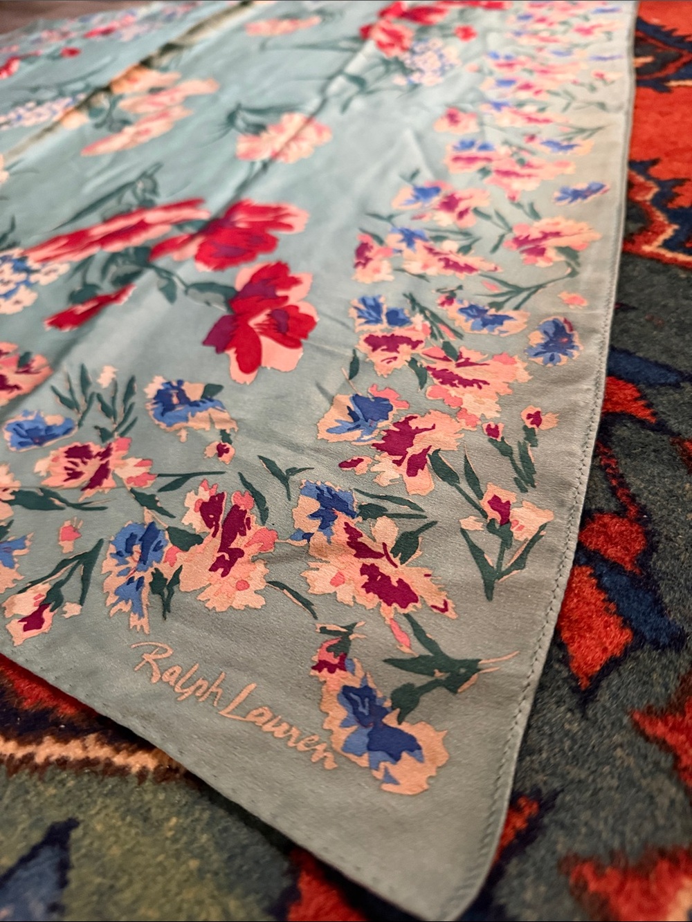 Vintage Ralph Lauren Green, Red Multi Colored Floral Design Silk Square Scarf - Picture 6 of 7